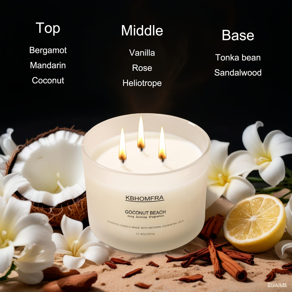 2Pack KBHOMFRA Scented Candle for Home, Coconut Jasmine Lavender Essential Oils Fragrant, Soy Wax 12.4Oz Large Capacity, 3-Wick 70 Hours Burn, for Festival Luxury Gift, Sleep Relaxation Ambience