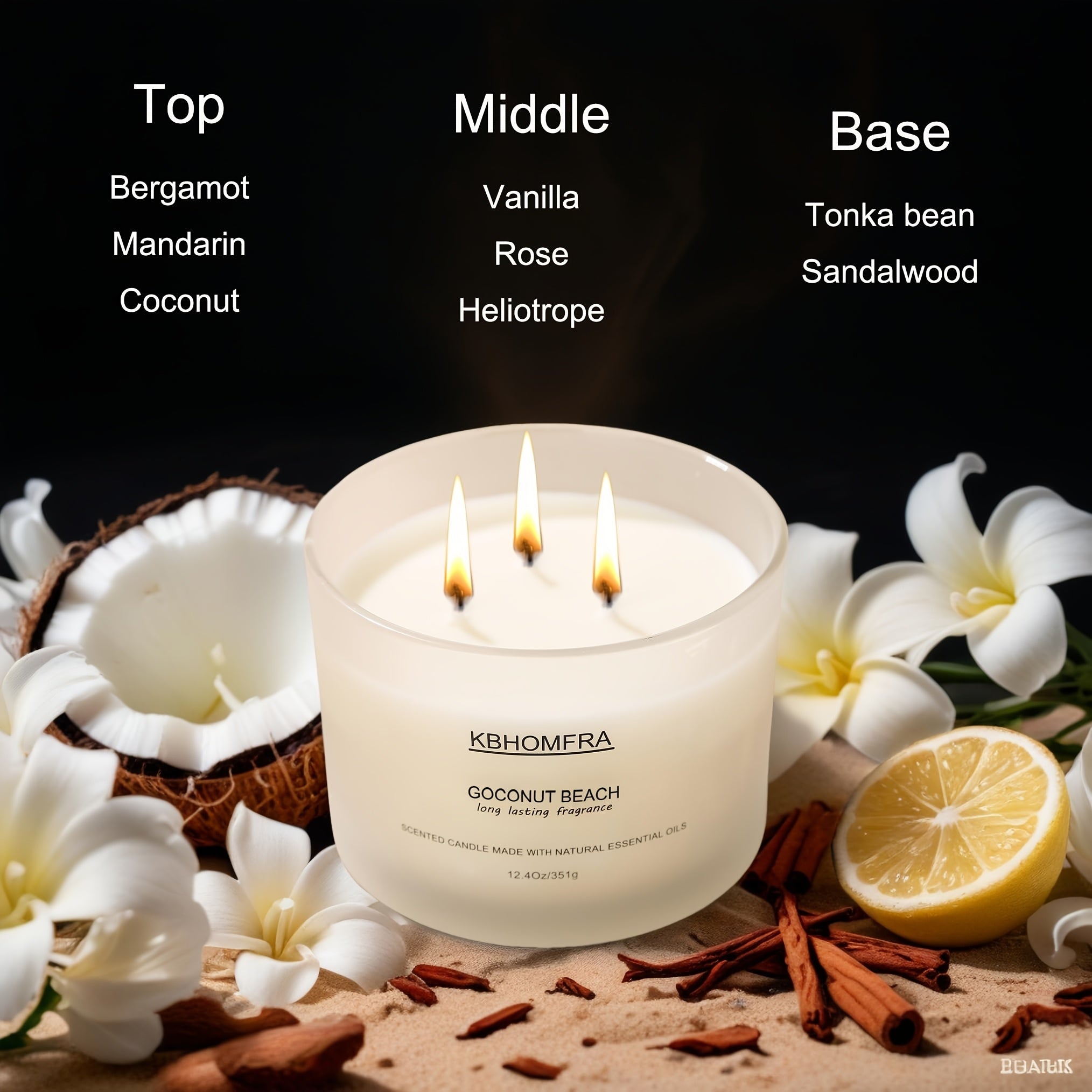 2Pack KBHOMFRA Scented Candle for Home, Coconut Jasmine Lavender Essential Oils Fragrant, Soy Wax 12.4Oz Large Capacity, 3-Wick 70 Hours Burn, for Festival Luxury Gift, Sleep Relaxation Ambience