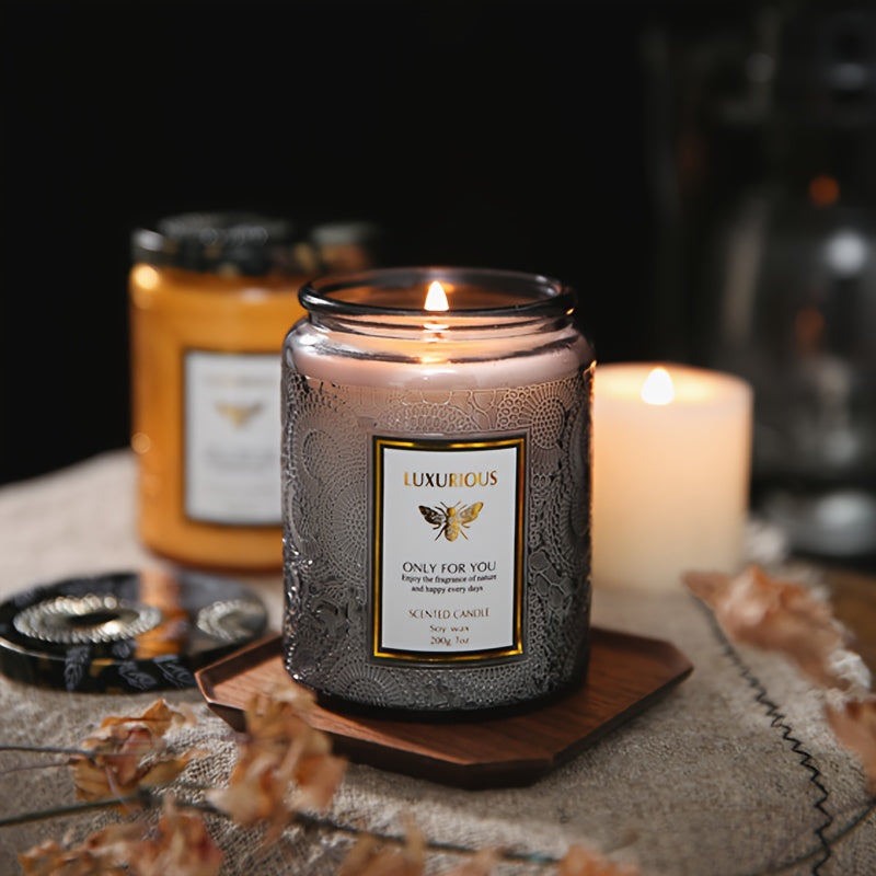 1pc Scented Candle Large Wood Core Candle, Embossed Glass Decorative Candle, Soy Wax, Burns for 40 Hours, Women'S Birthday Gift, Halloween, Christmas, New Year'S Gift