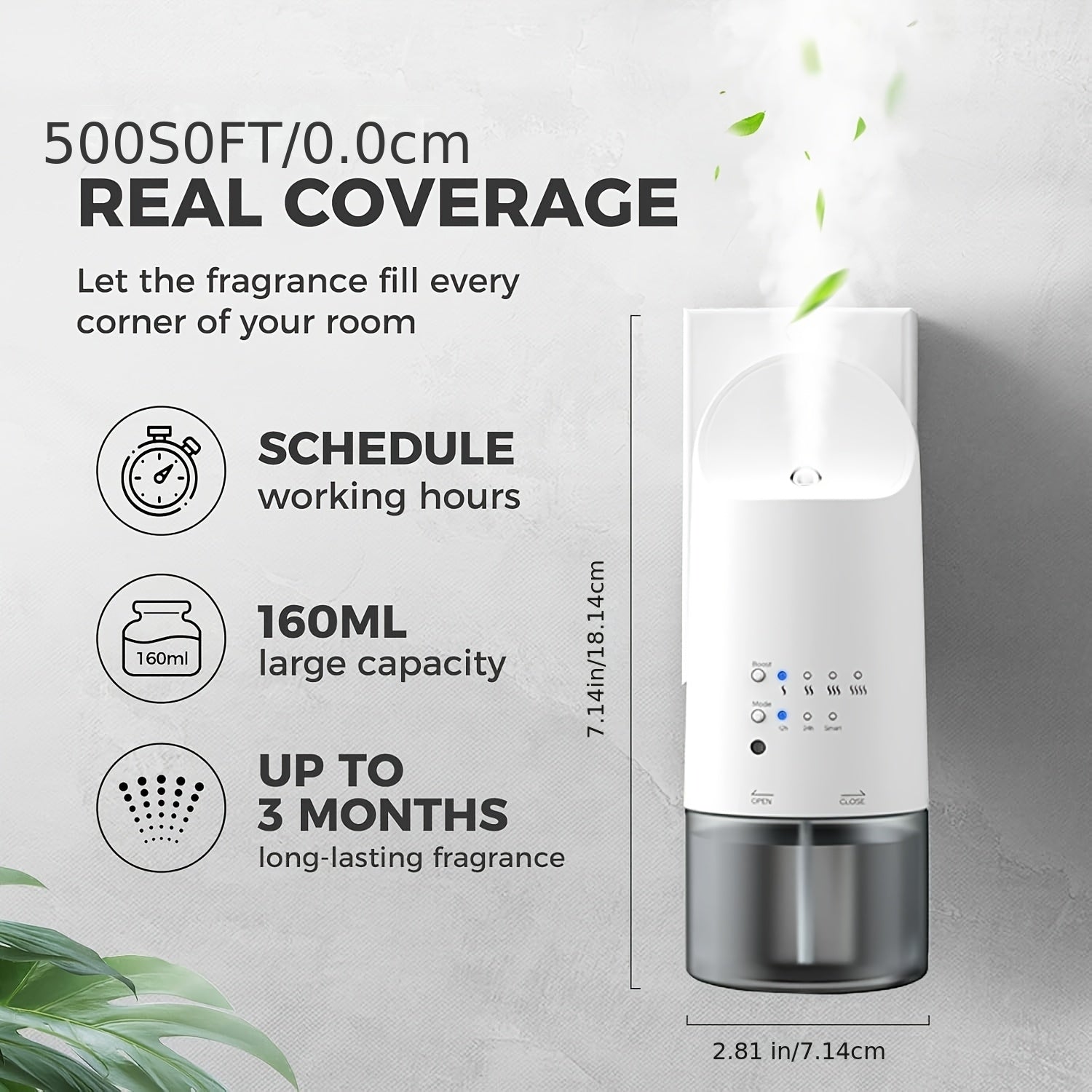 Plug-in Waterless Essential Oil Diffuser - 500 Sq.ft Coverage, Range Nano Mist Technology -5.41oz, Auto Day\u002FNight Modes, Diffuser for Large Room, Spa, Office, Button Version Kid\u002FPet Safe - Whit