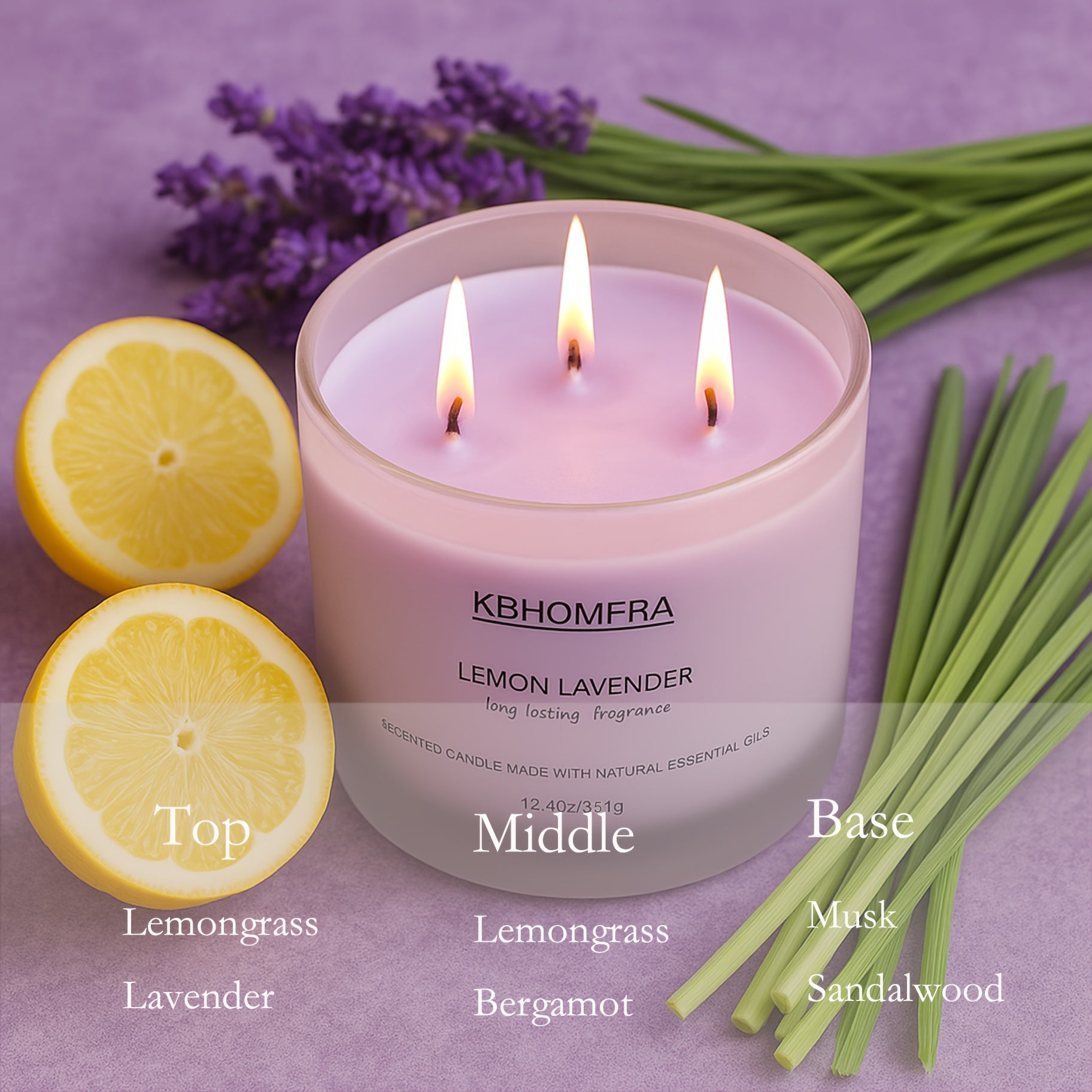 2Pack KBHOMFRA Scented Candle for Home, Coconut Jasmine Lavender Essential Oils Fragrant, Soy Wax 12.4Oz Large Capacity, 3-Wick 70 Hours Burn, for Festival Luxury Gift, Sleep Relaxation Ambience