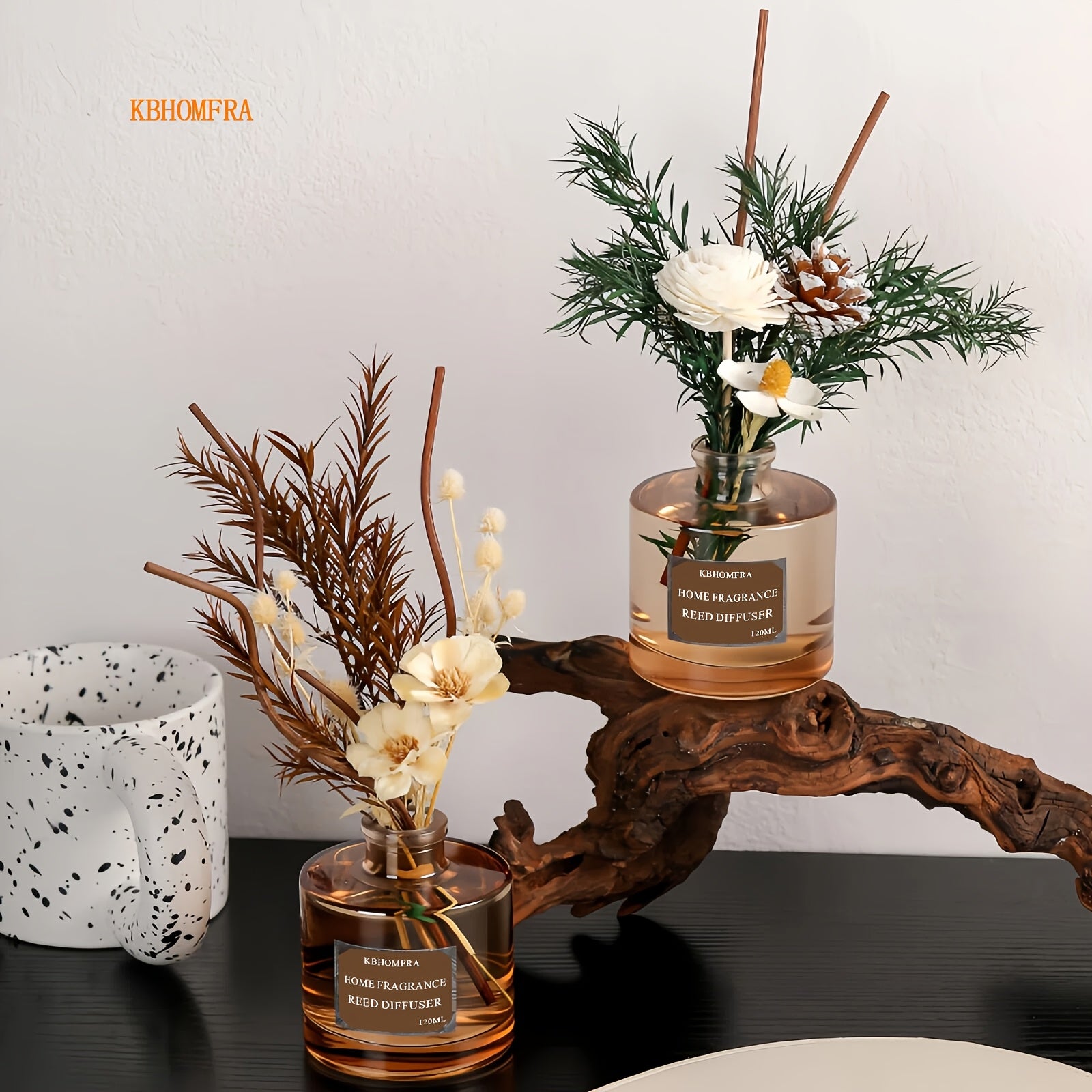 2pcs KBHOMFRA Dried Flower Reed Diffuser Jasmine Cedar Sandalwood Scent Diffusers with Stick for Home Bedroom Bathroom Diffuser Freshens Deodorizes Air.